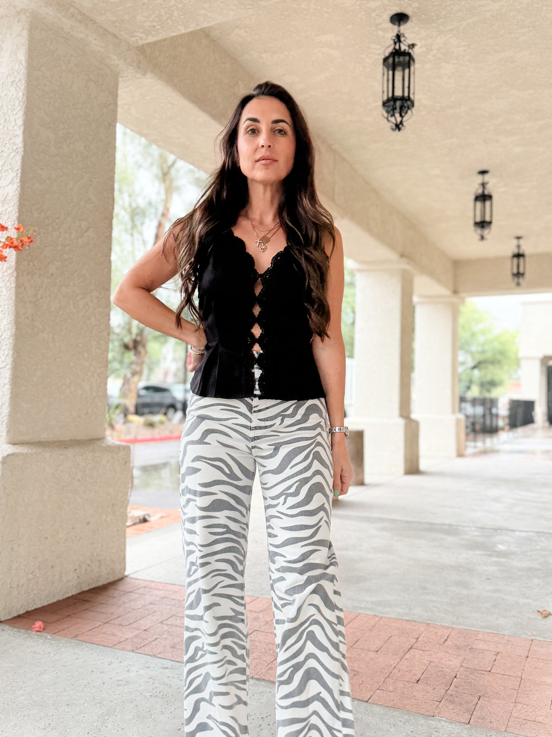 The Jessi Lace Trim Satin Top - Black