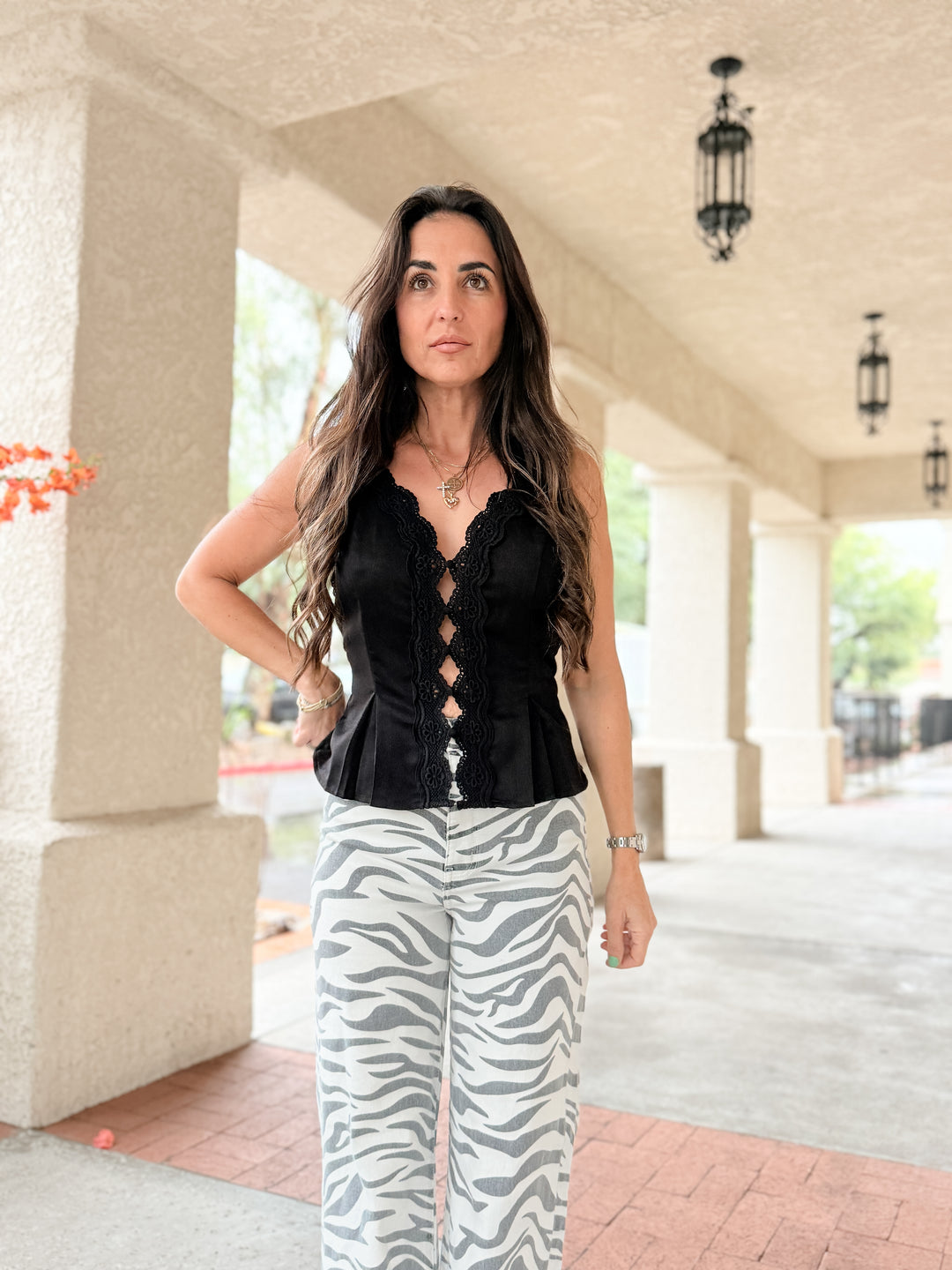 The Jessi Lace Trim Satin Top - Black