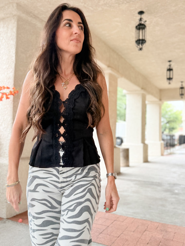 The Jessi Lace Trim Satin Top - Black