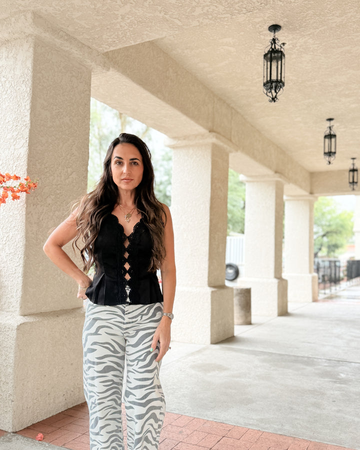 The Jessi Lace Trim Satin Top - Black