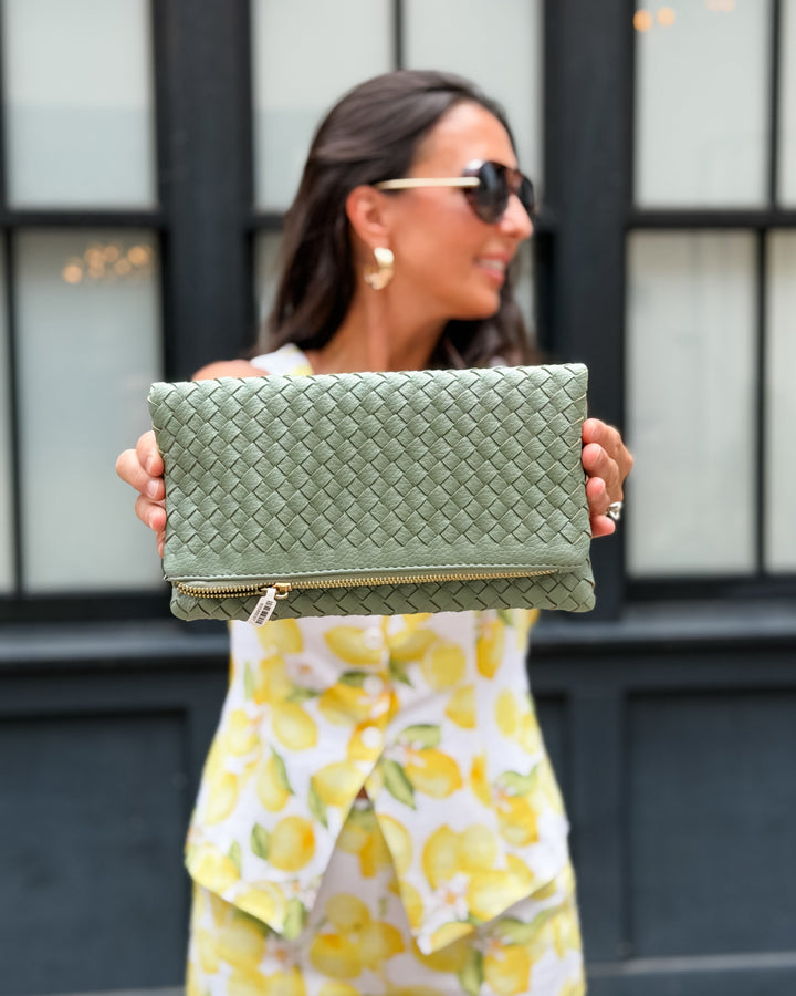 The Vegan Leather Braided Texture Crossbody Clutch - Sage Green