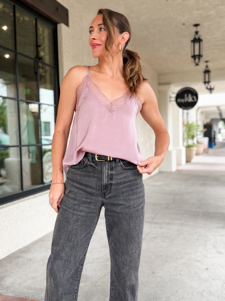 The Vivienne Lace Trim Satin Cami Top - Mauve