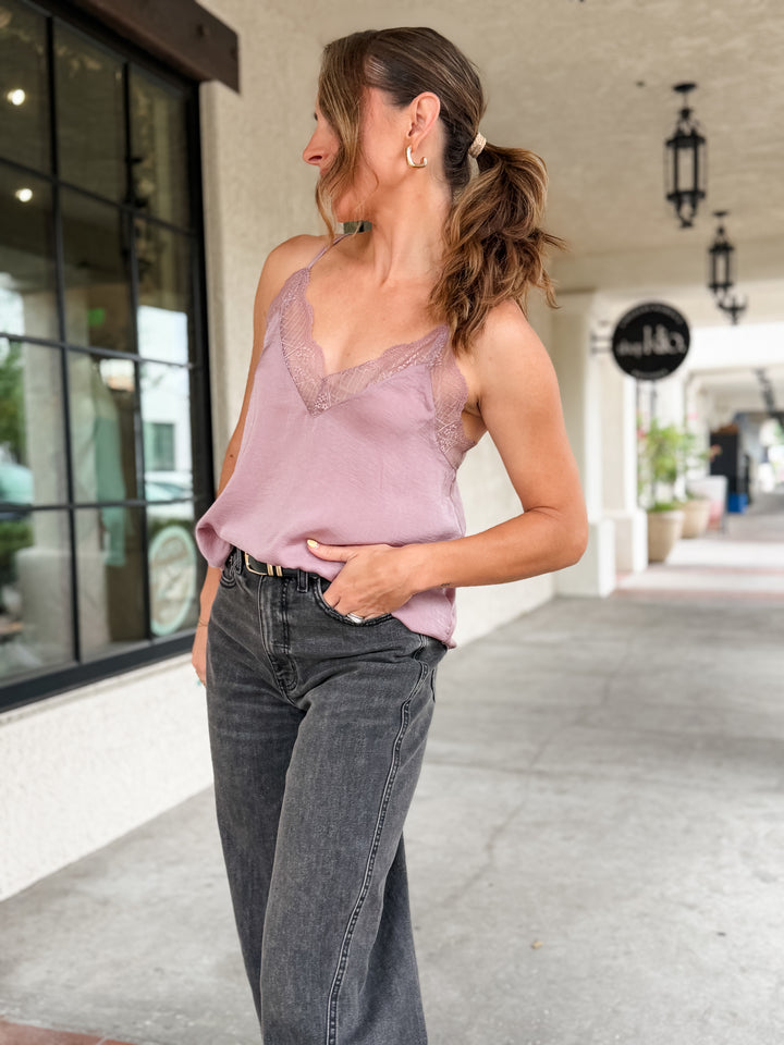 The Vivienne Lace Trim Satin Cami Top - Mauve