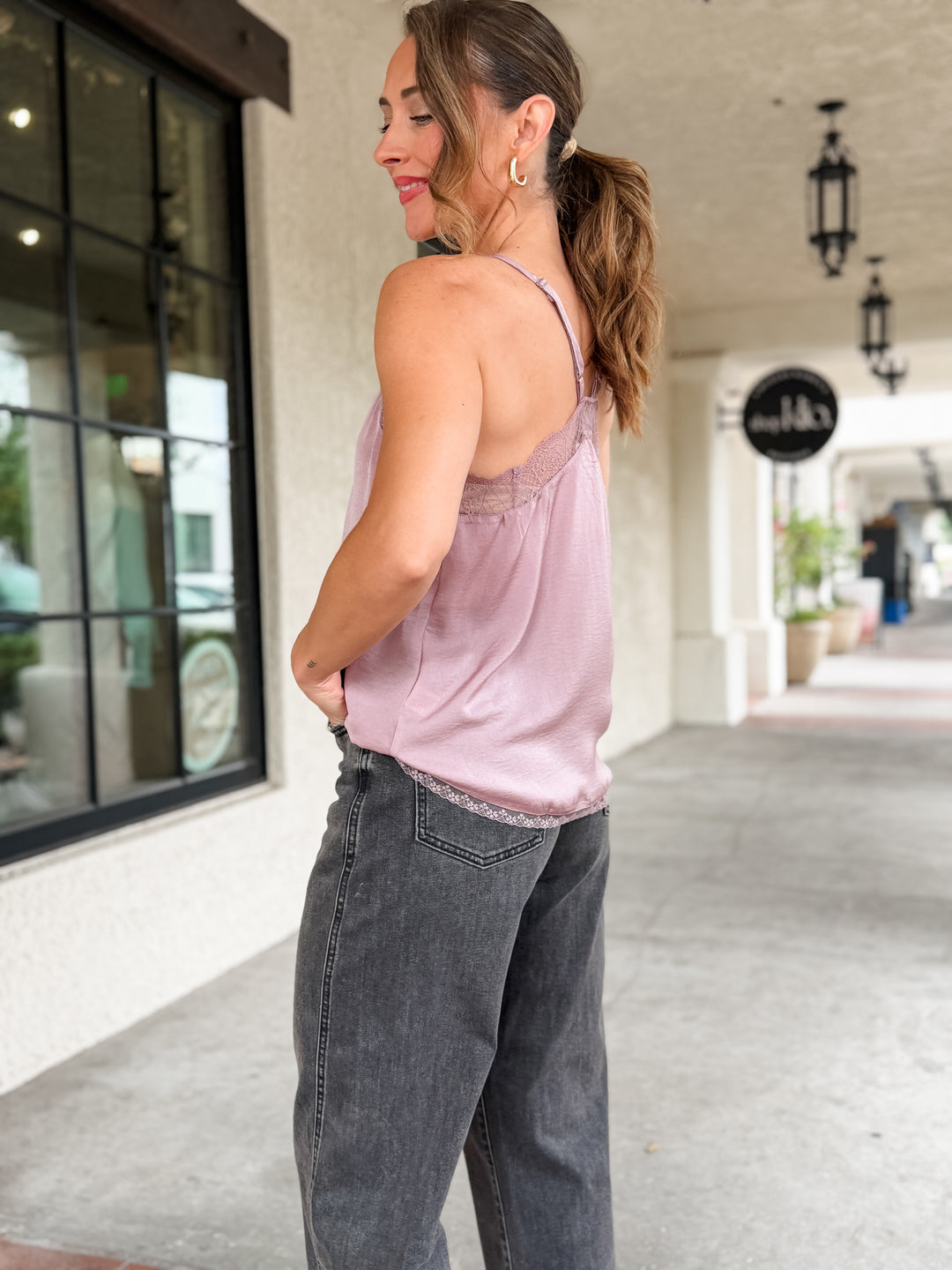 The Vivienne Lace Trim Satin Cami Top - Mauve