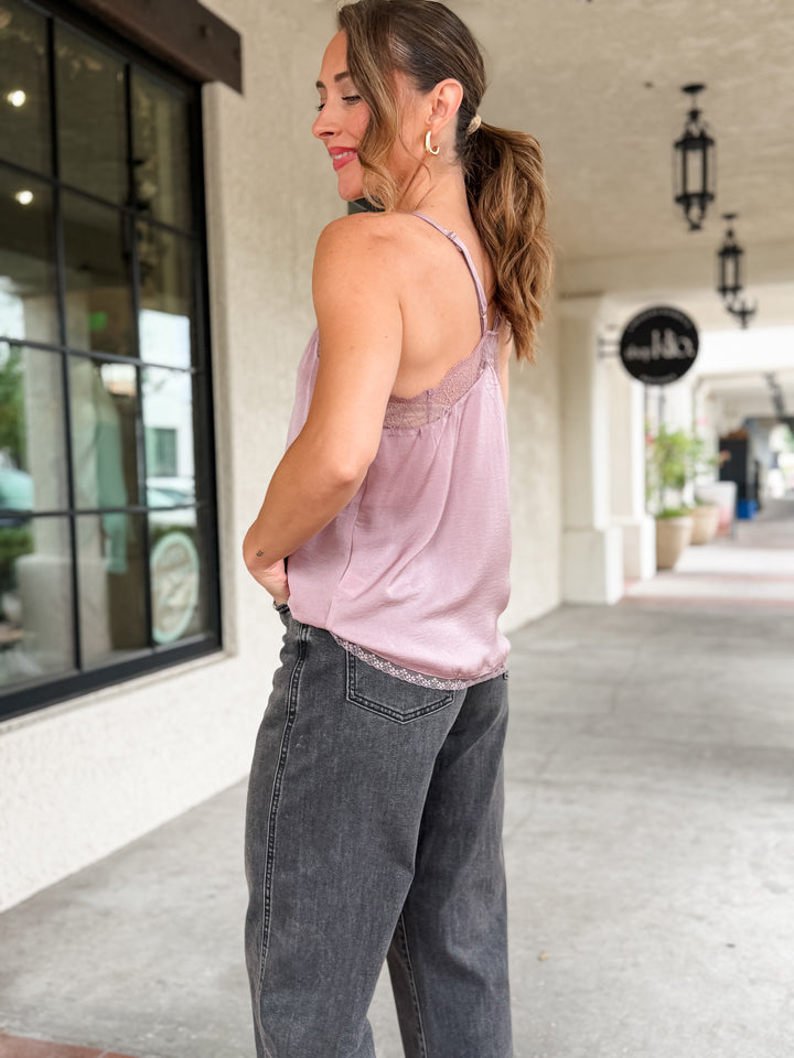 The Vivienne Lace Trim Satin Cami Top - Mauve