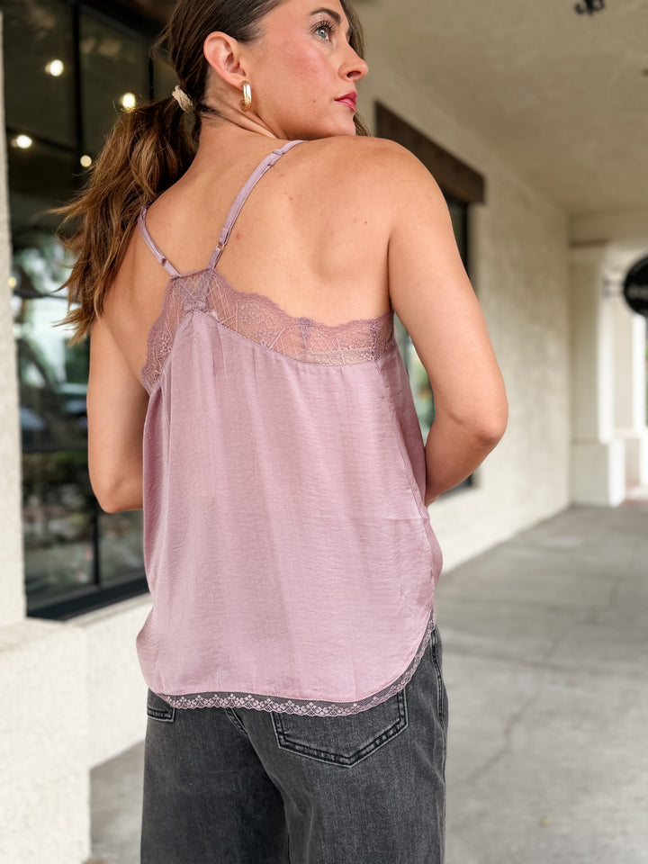 The Vivienne Lace Trim Satin Cami Top - Mauve