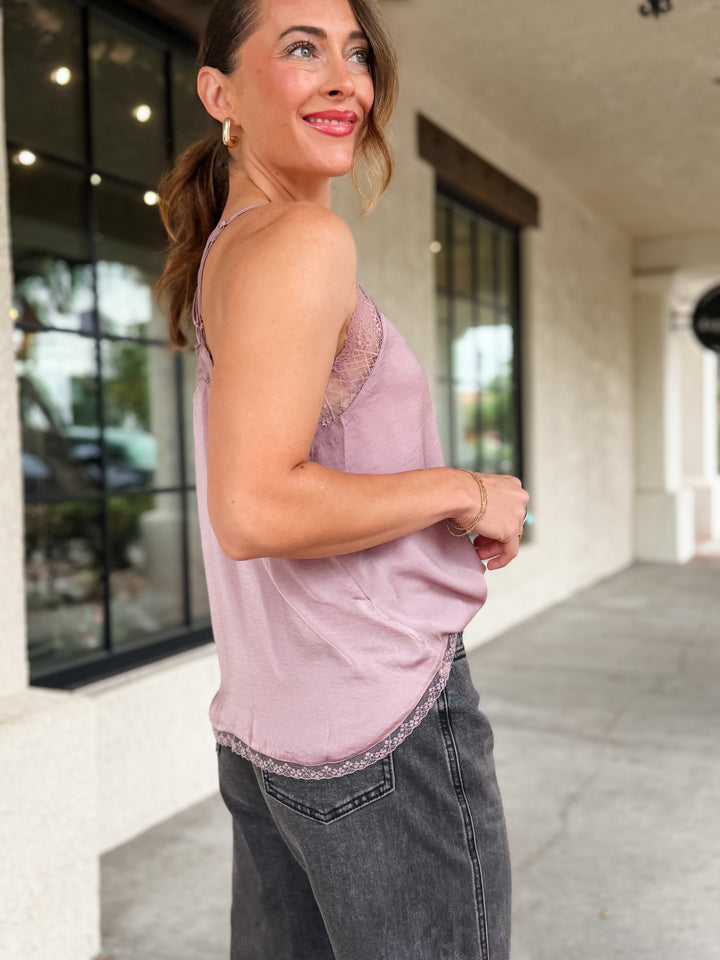 The Vivienne Lace Trim Satin Cami Top - Mauve