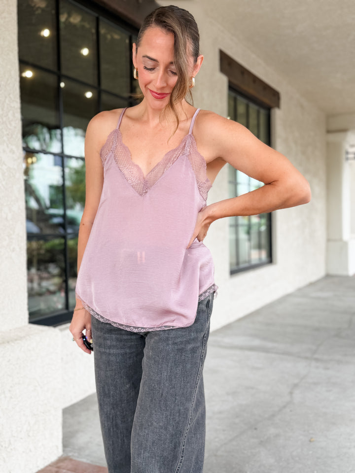 The Vivienne Lace Trim Satin Cami Top - Mauve