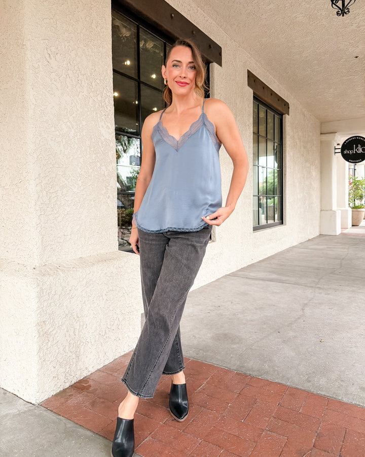 The Vivienne Lace Trim Satin Cami Top - Steel Blue