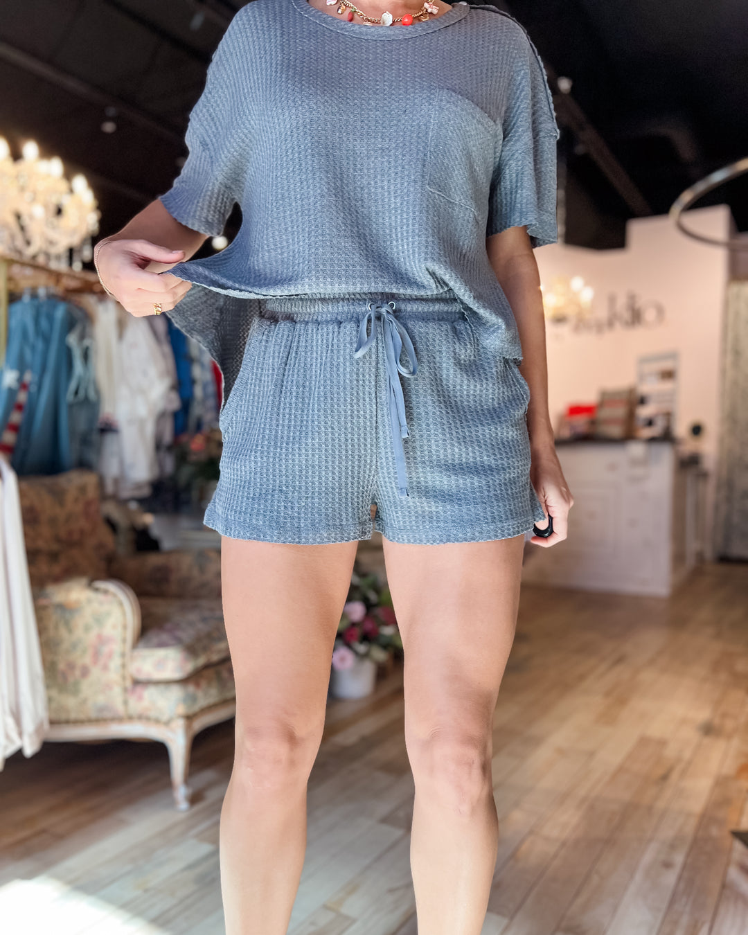 Mara Waffle Knit Top – Charcoal Grey