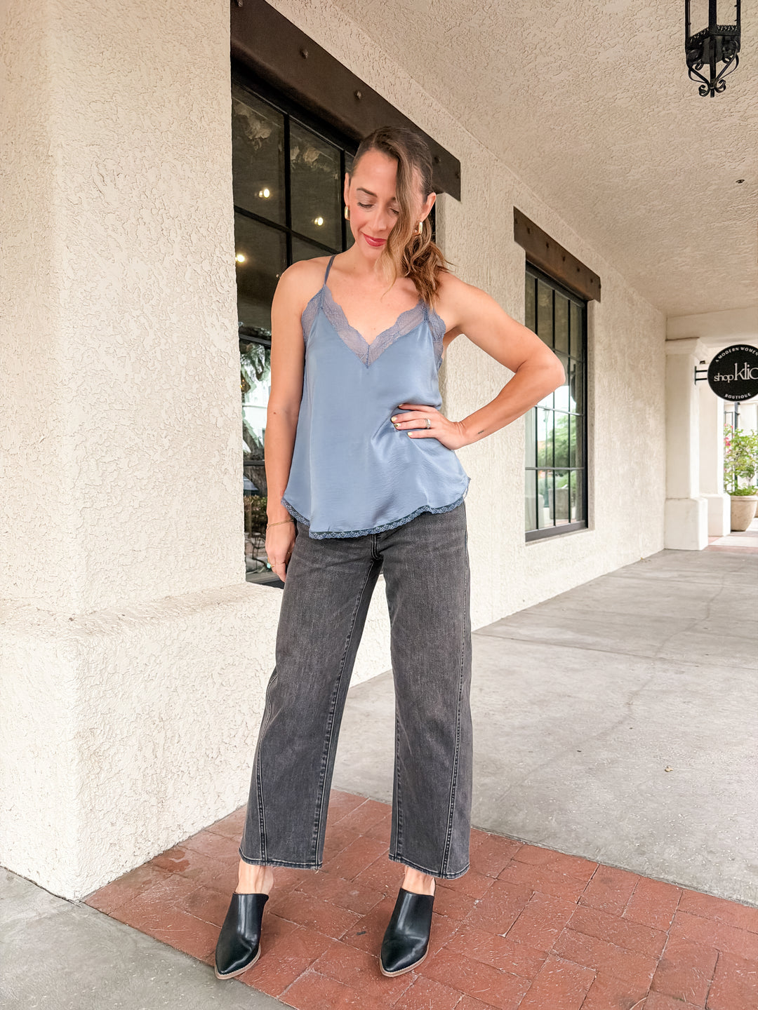 The Vivienne Lace Trim Satin Cami Top - Steel Blue