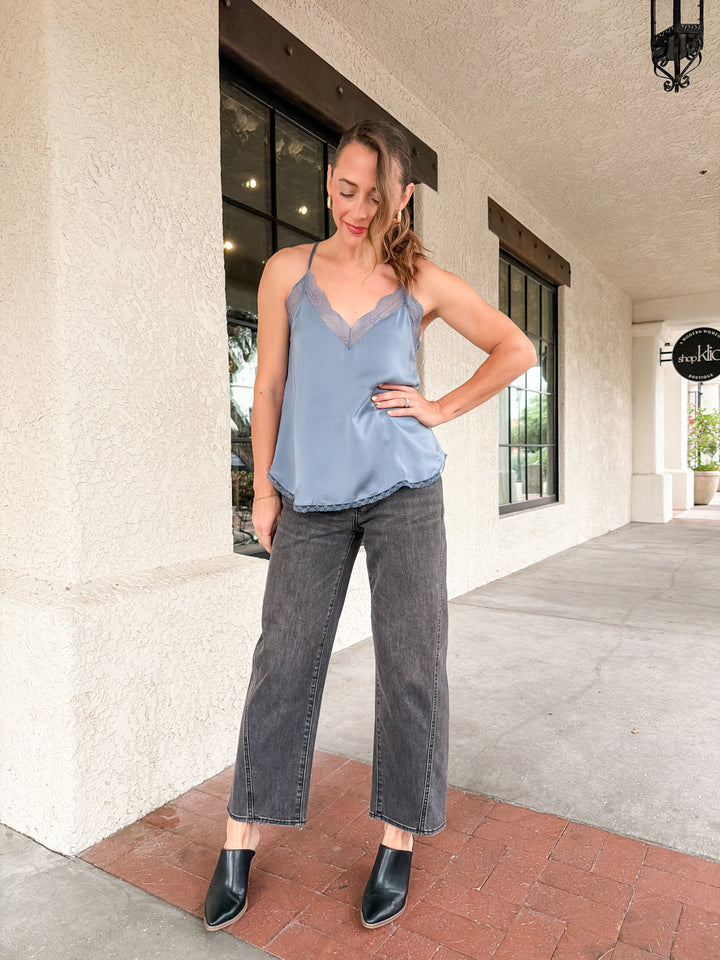 The Vivienne Lace Trim Satin Cami Top - Steel Blue