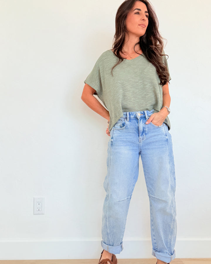The Rylee V-Neck Light Knit Top - Light Olive