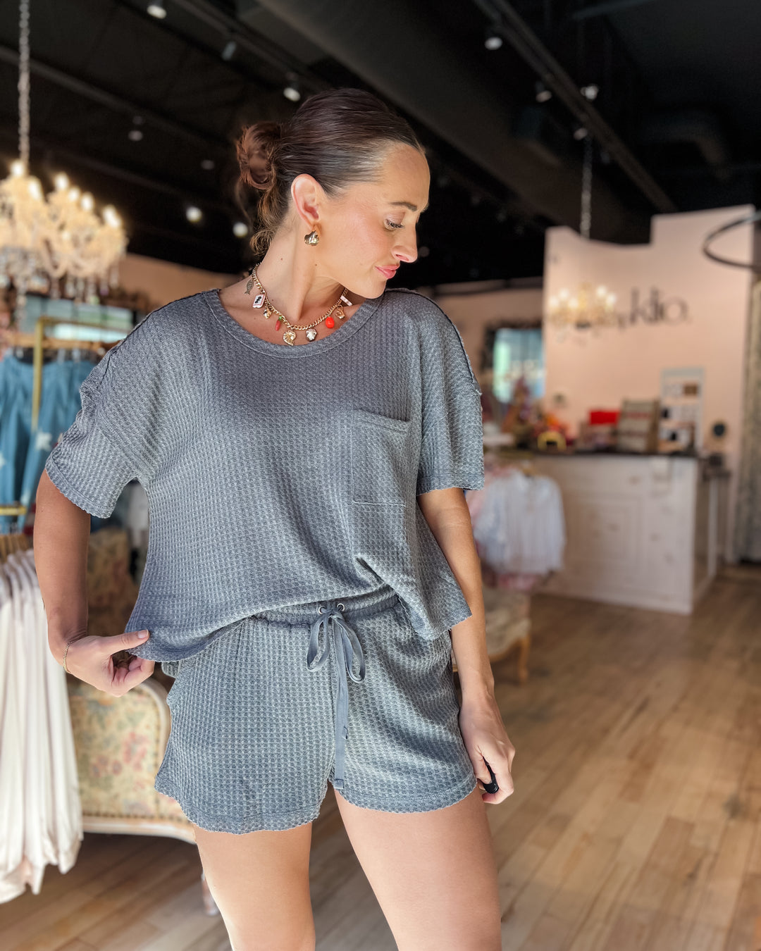 Mara Waffle Knit Top – Charcoal Grey
