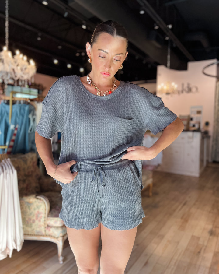 Mara Waffle Knit Top – Charcoal Grey