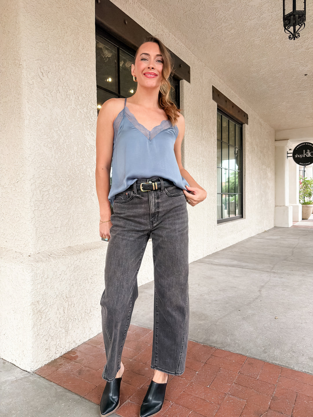 The Vivienne Lace Trim Satin Cami Top - Steel Blue
