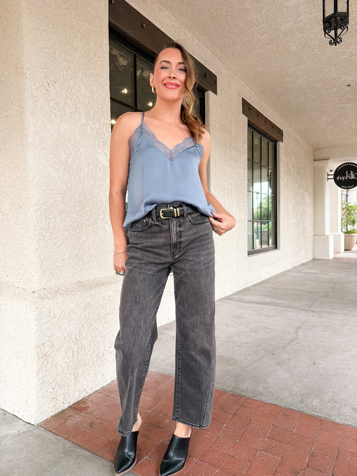The Vivienne Lace Trim Satin Cami Top - Steel Blue