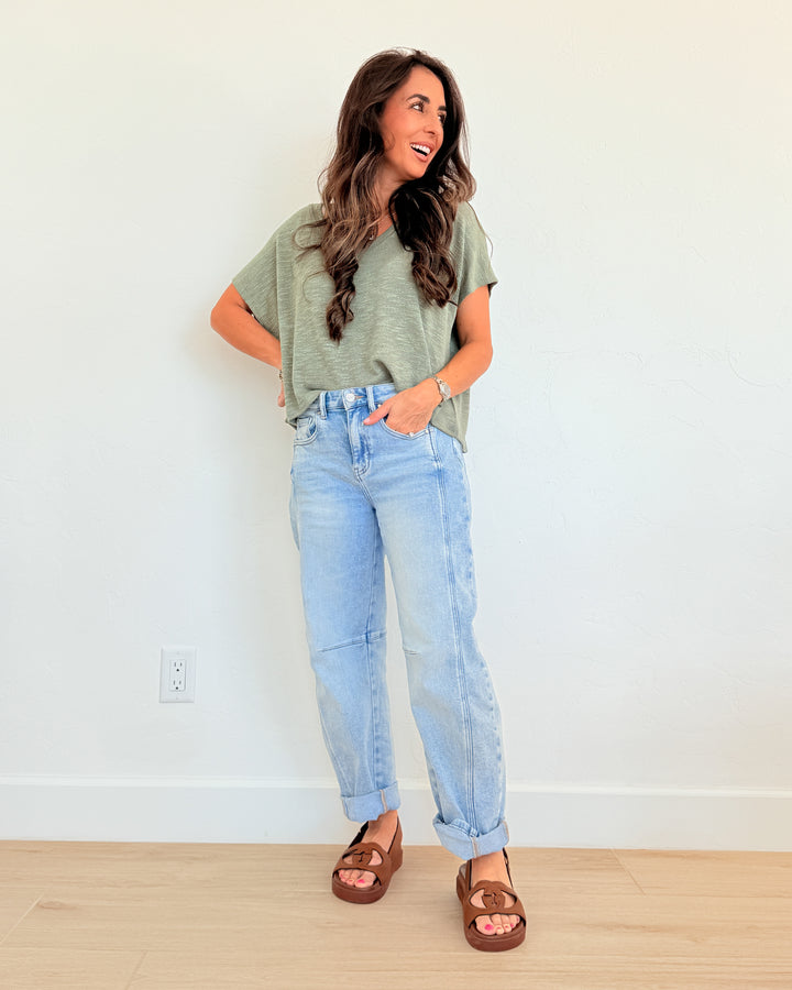 The Rylee V-Neck Light Knit Top - Light Olive