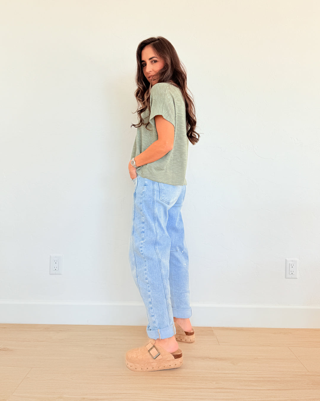 High-Rise Boyfriend Cuffed Barrel Jean by Risen - Light Wash