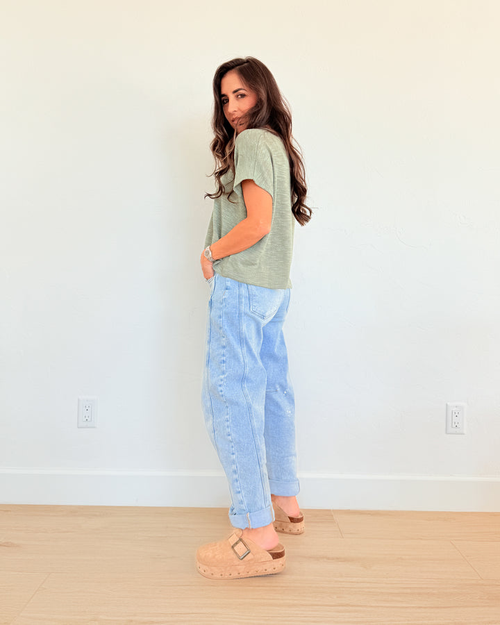 High-Rise Boyfriend Cuffed Barrel Jean by Risen - Light Wash