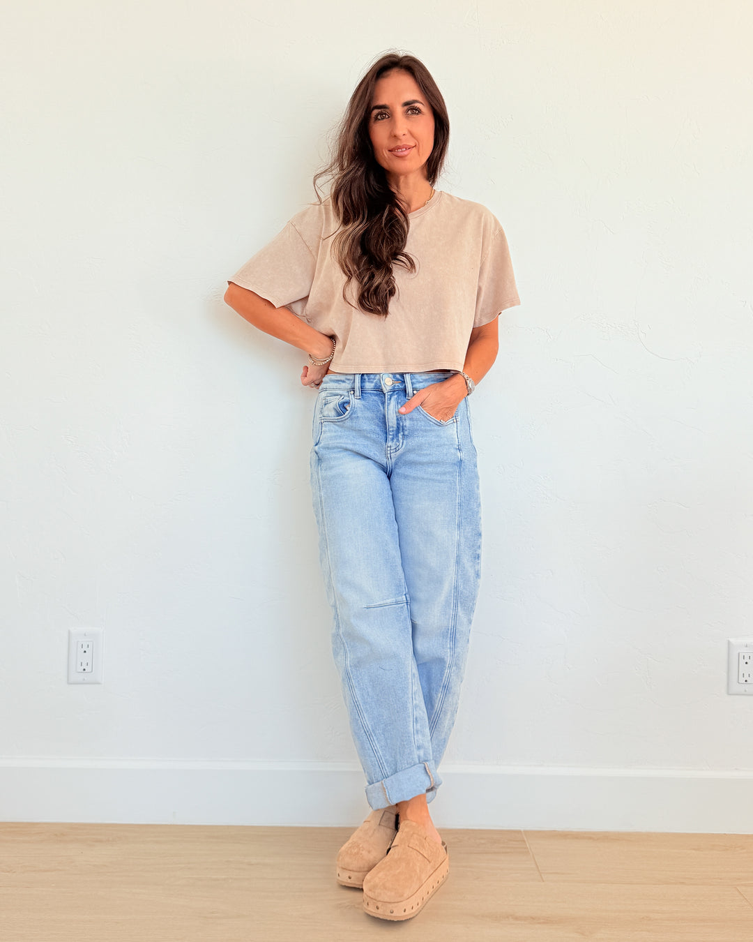 High-Rise Boyfriend Cuffed Barrel Jean by Risen - Light Wash