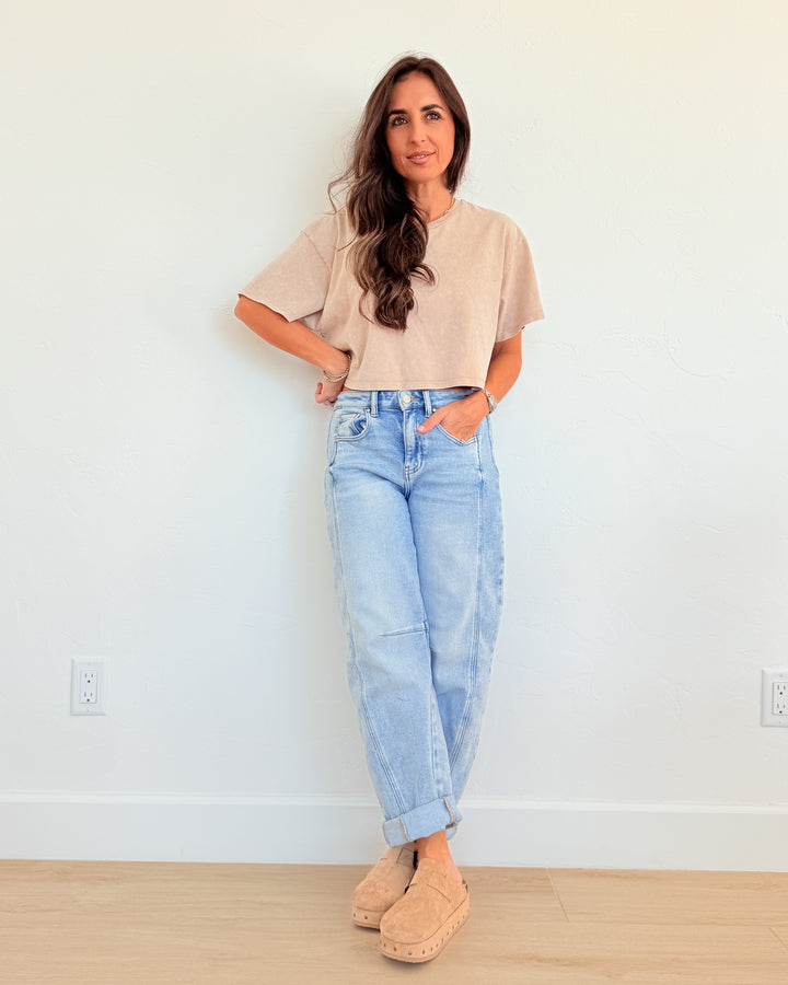 High-Rise Boyfriend Cuffed Barrel Jean by Risen - Light Wash