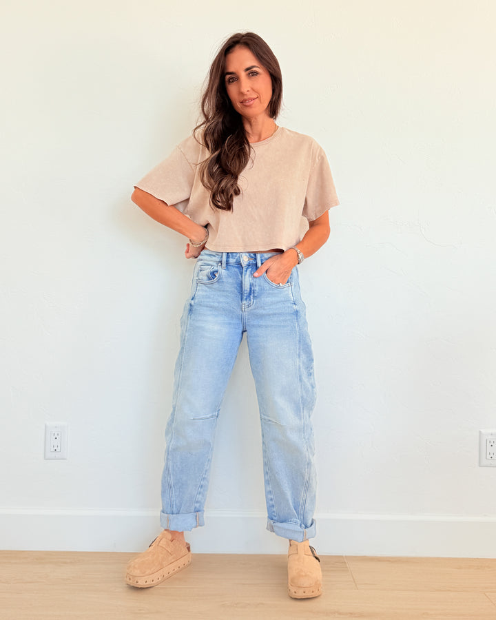 High-Rise Boyfriend Cuffed Barrel Jean by Risen - Light Wash