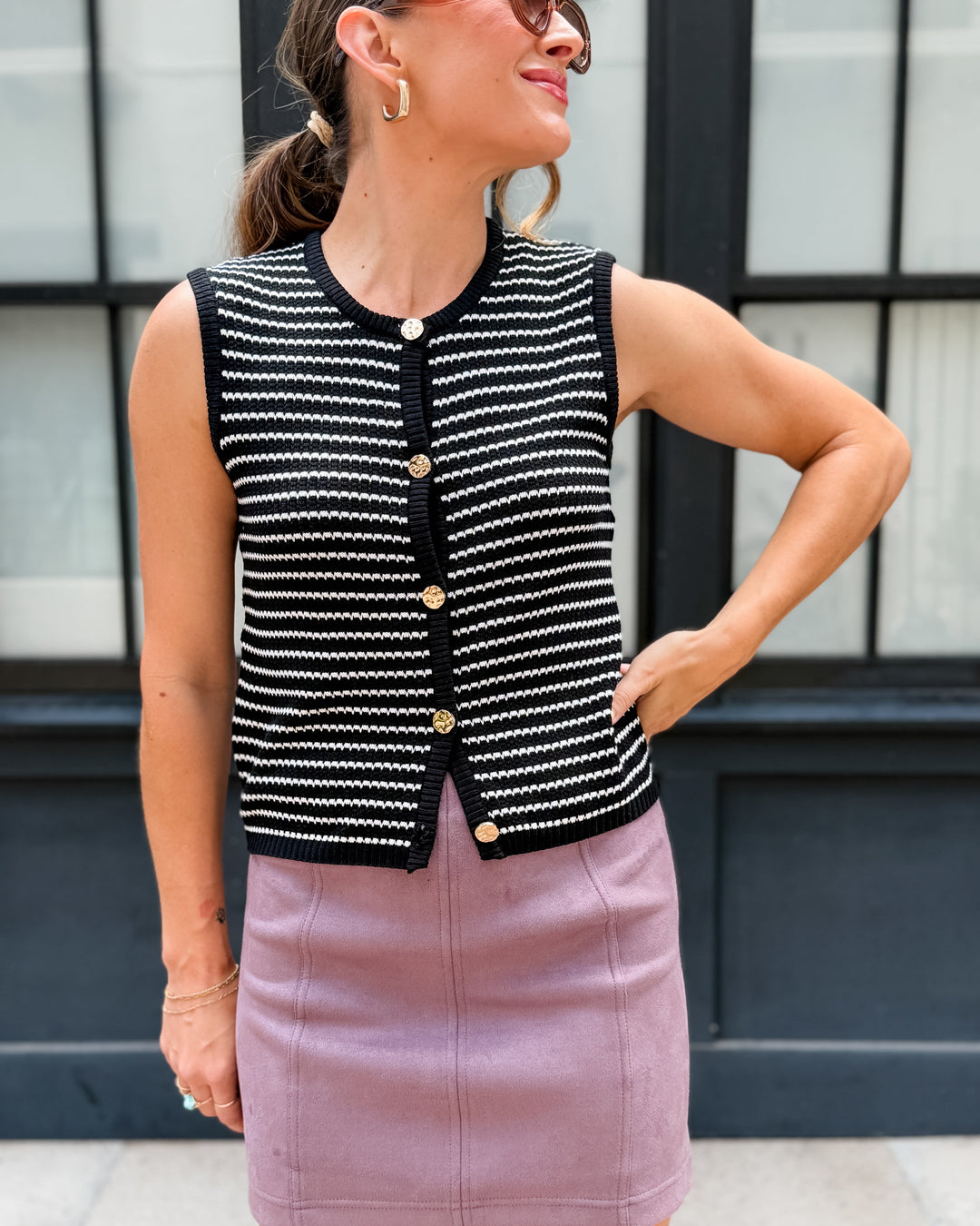 The Sloane Striped Knit Button Vest - Black