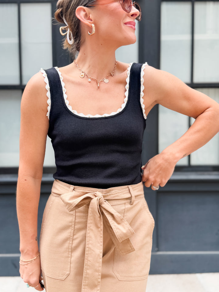 The Margot Pearl Ribbed Tank - Black