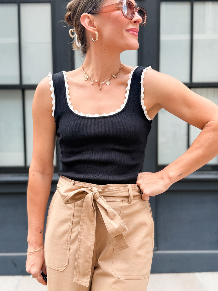The Margot Pearl Ribbed Tank - Black