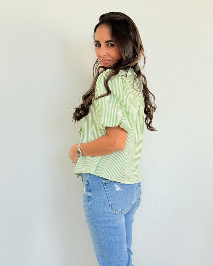 The Camille Striped Ruffle Top - Lime Green
