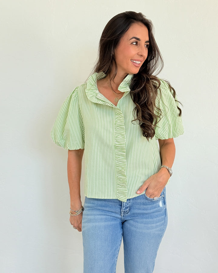 The Camille Striped Ruffle Top - Lime Green
