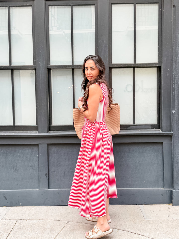 The Maribel Stripe Midi Dress - Red