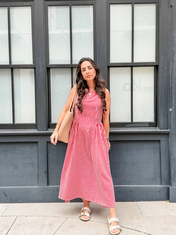 The Maribel Stripe Midi Dress - Red