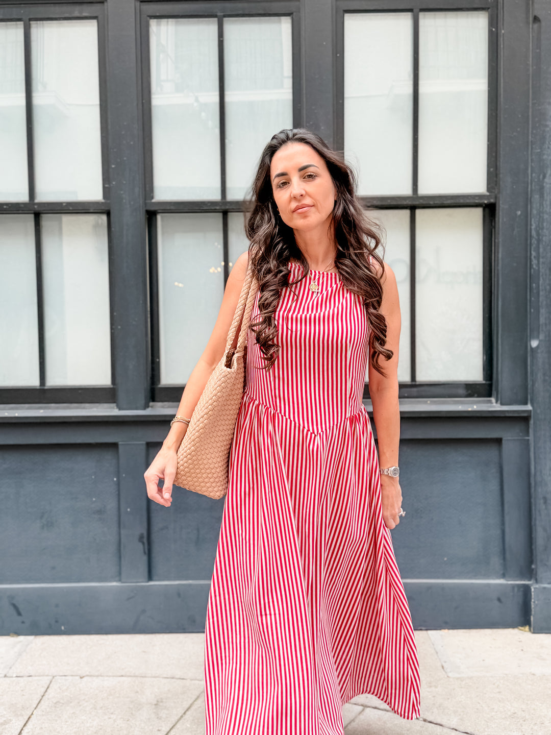 The Maribel Stripe Midi Dress - Red