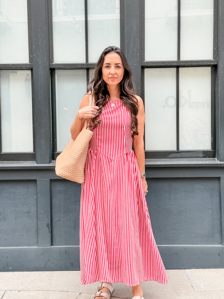 The Maribel Stripe Midi Dress - Red