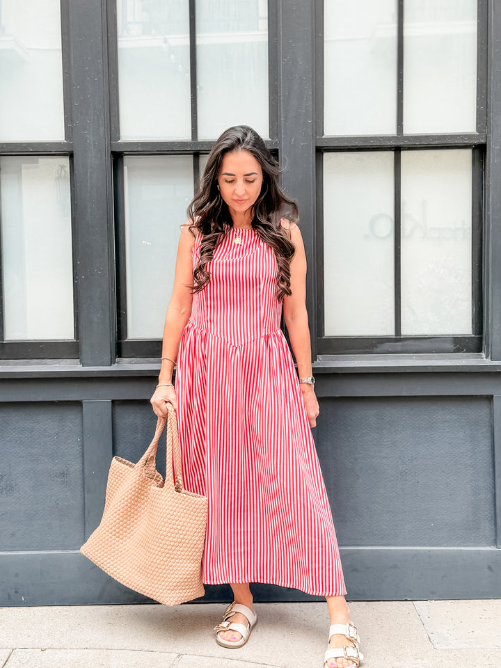 The Maribel Stripe Midi Dress - Red