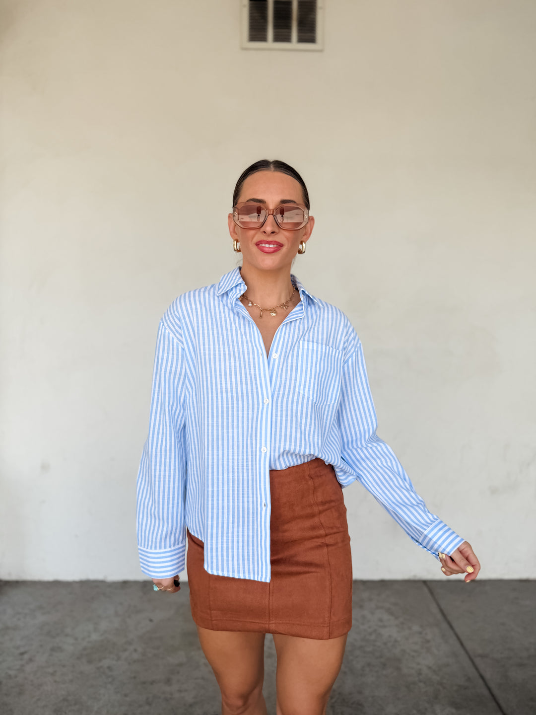 The Clara Stripe Button Down Top - Baby Blue