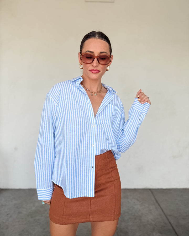The Clara Stripe Button Down Top - Baby Blue