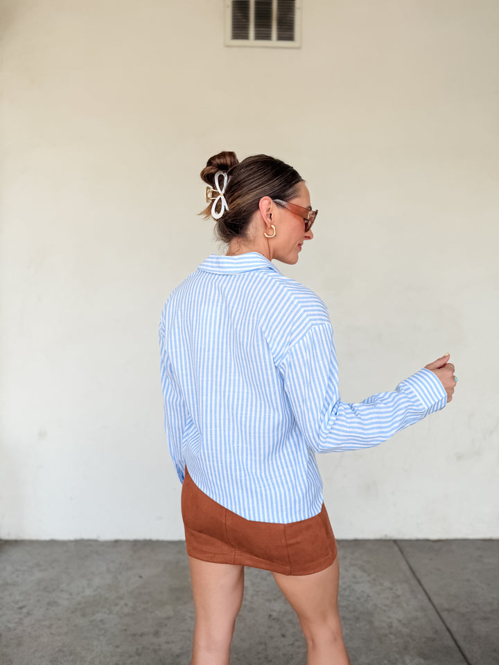 The Clara Stripe Button Down Top - Baby Blue