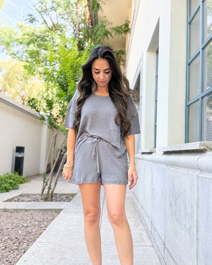 Mara Waffle Knit Top – Charcoal Grey