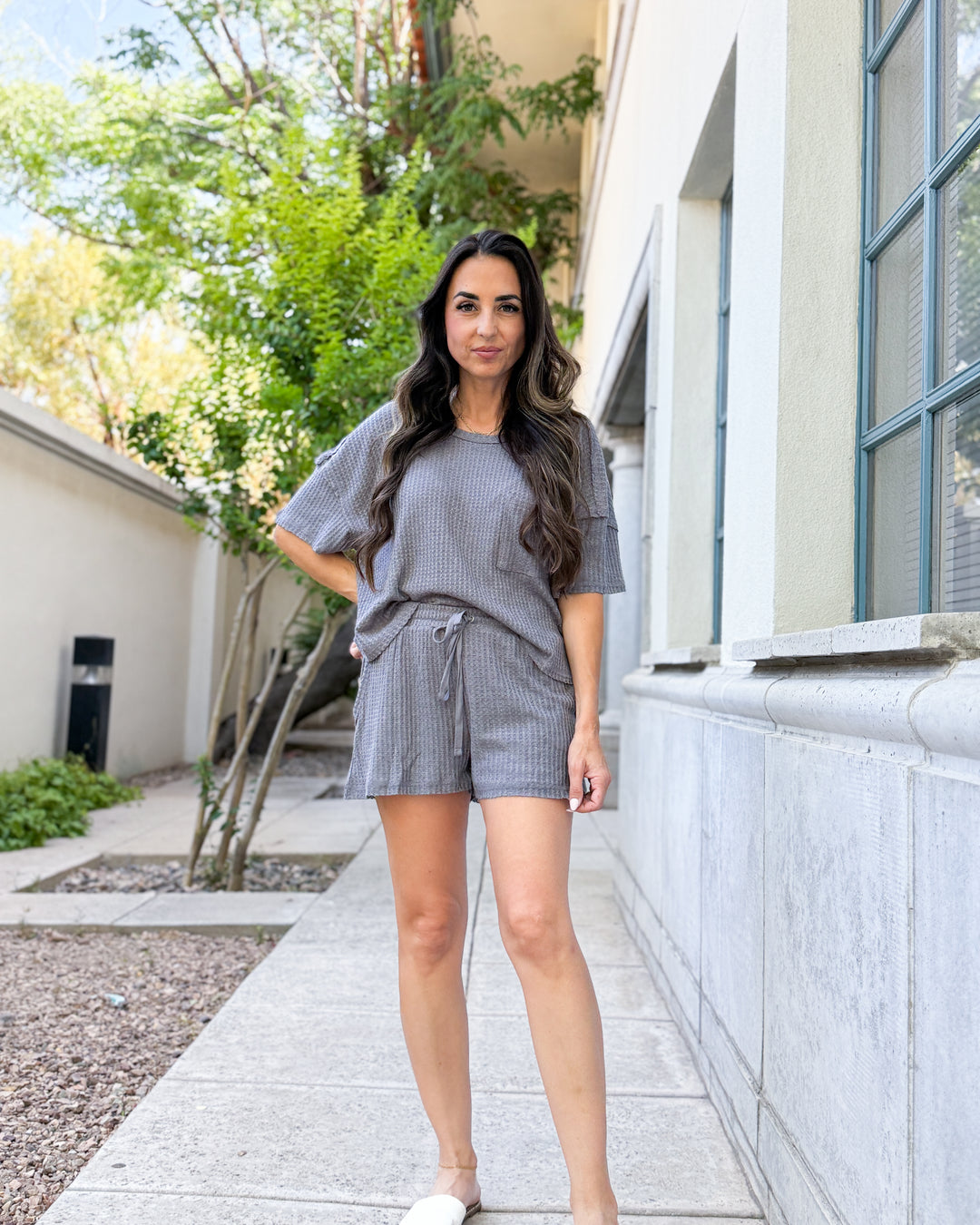 Mara Waffle Knit Top – Charcoal Grey