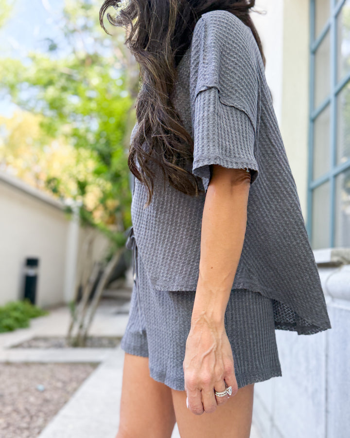 Mara Waffle Knit Top – Charcoal Grey