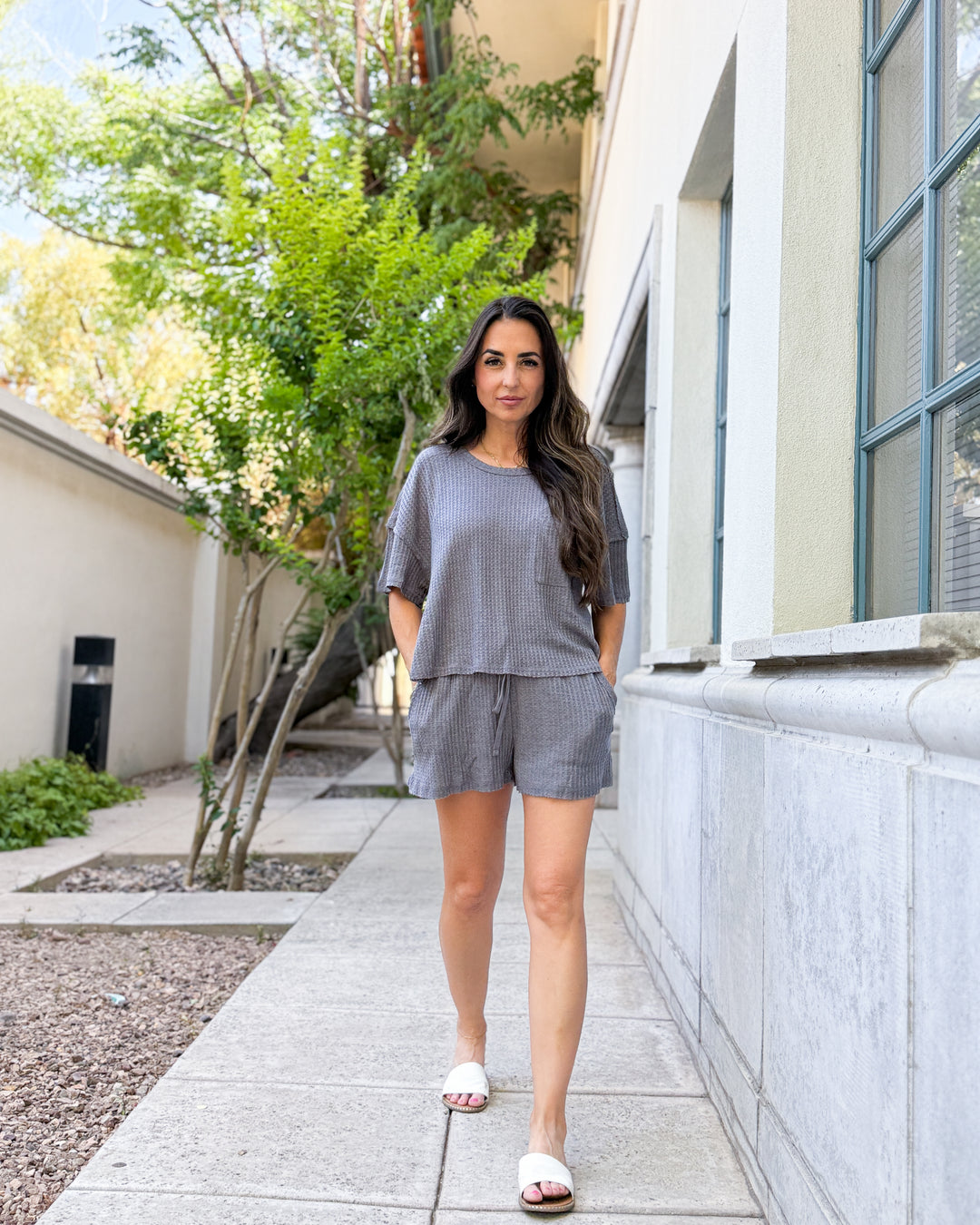 Mara Waffle Knit Top – Charcoal Grey