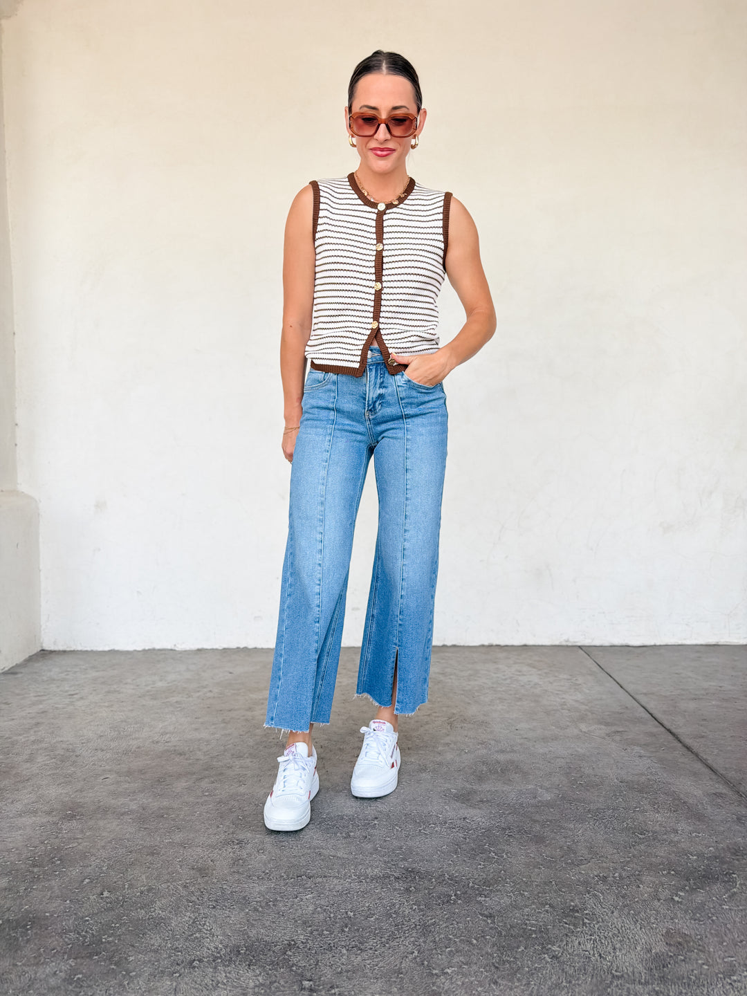The Sloane Striped Knit Button Vest - Brown