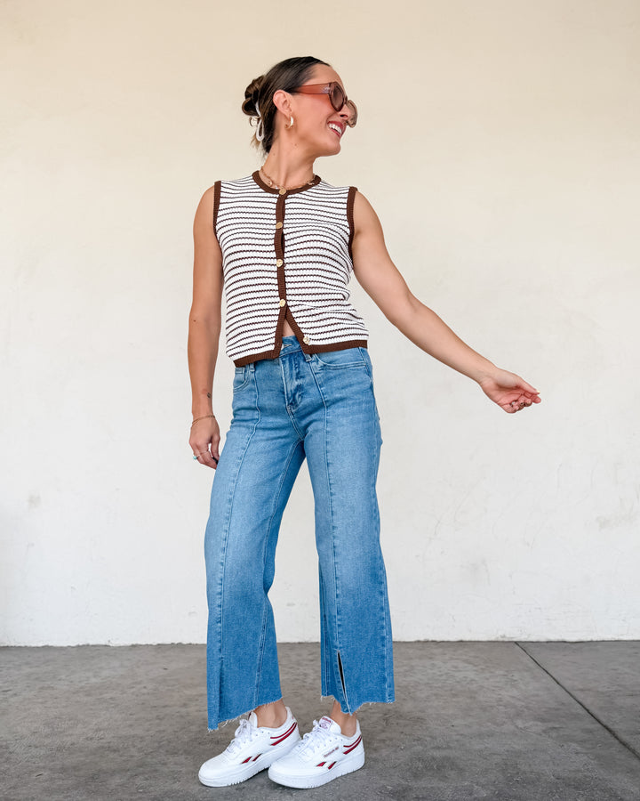 The Sloane Striped Knit Button Vest - Brown