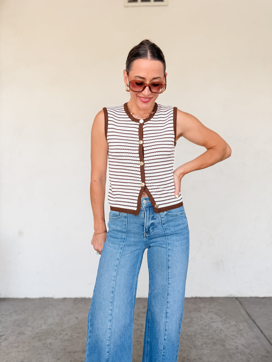 The Sloane Striped Knit Button Vest - Brown
