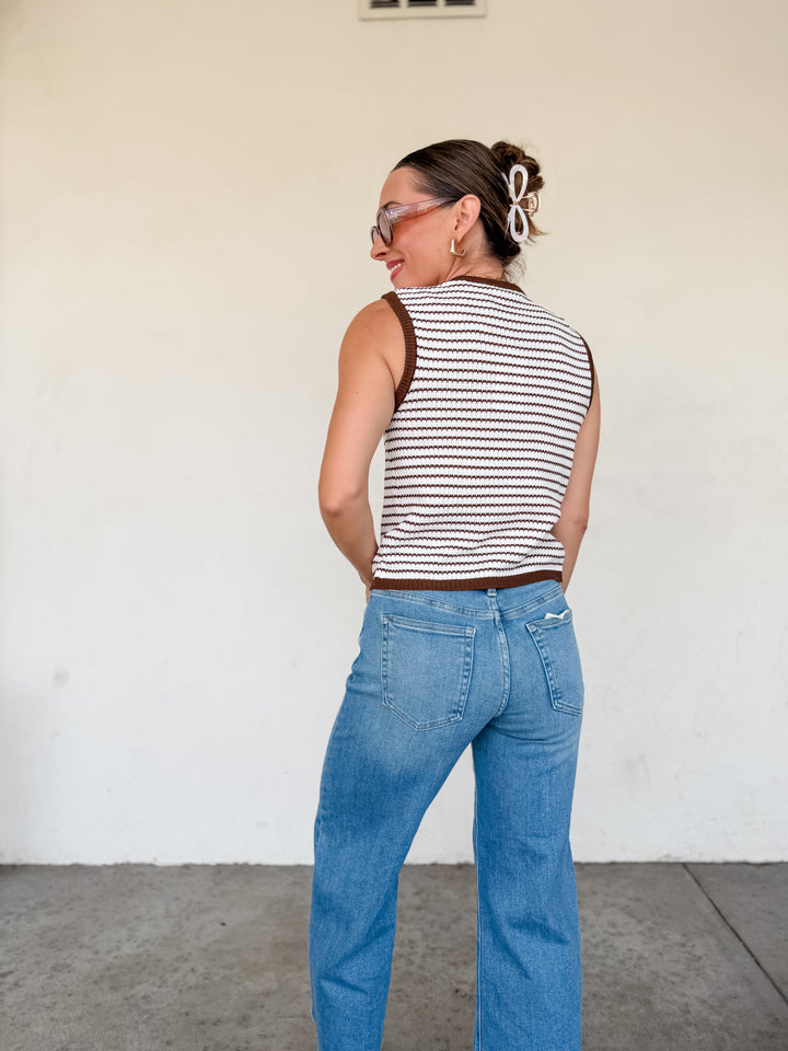 The Sloane Striped Knit Button Vest - Brown