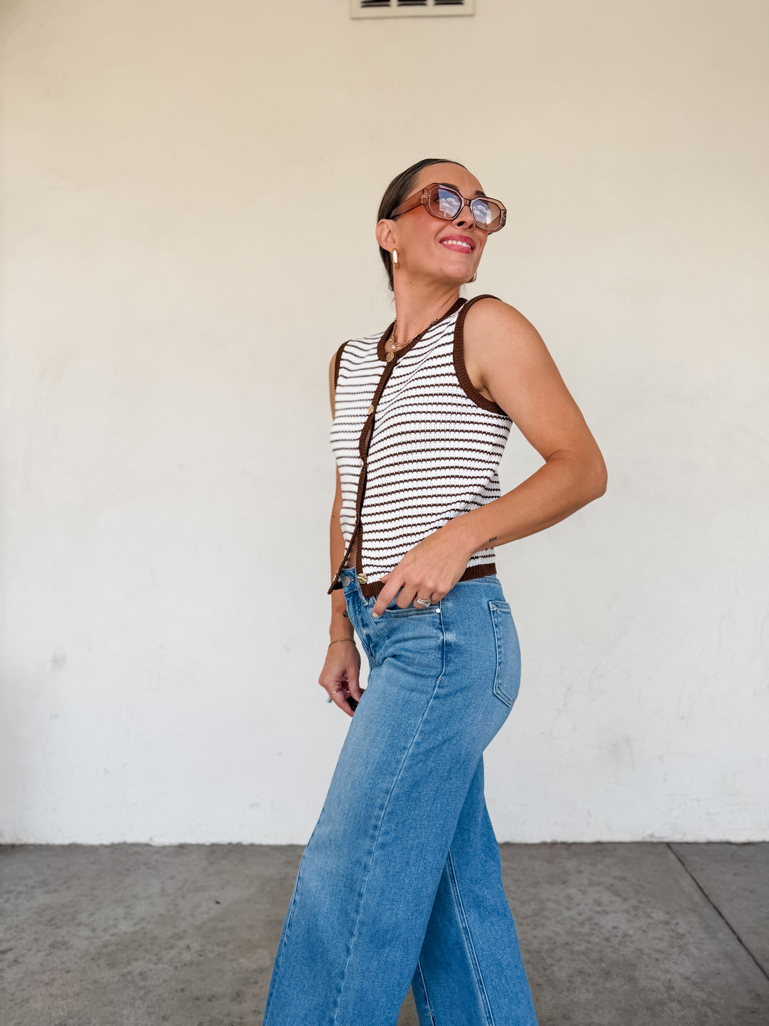 The Sloane Striped Knit Button Vest - Brown