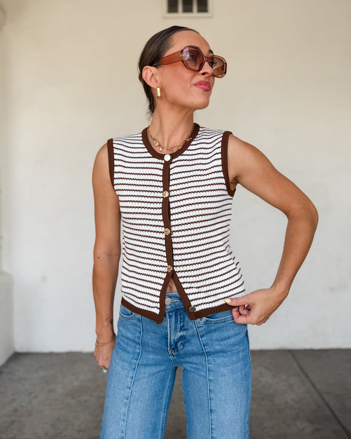 The Sloane Striped Knit Button Vest - Brown